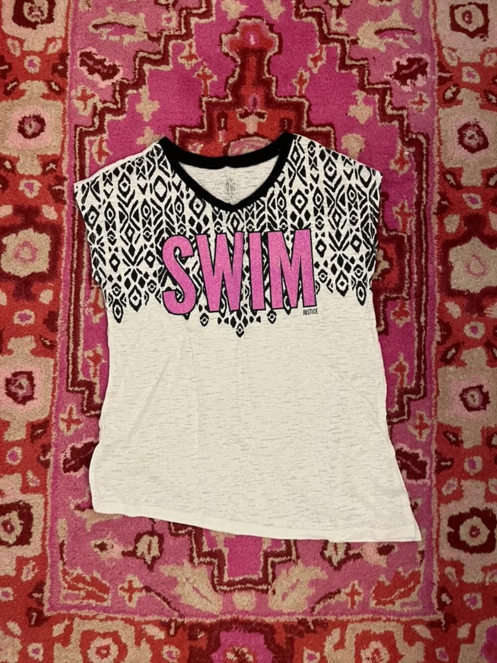 Justice Girl's Swim Purple Sparkly Lettering on White Short Sleeve T-Shirt